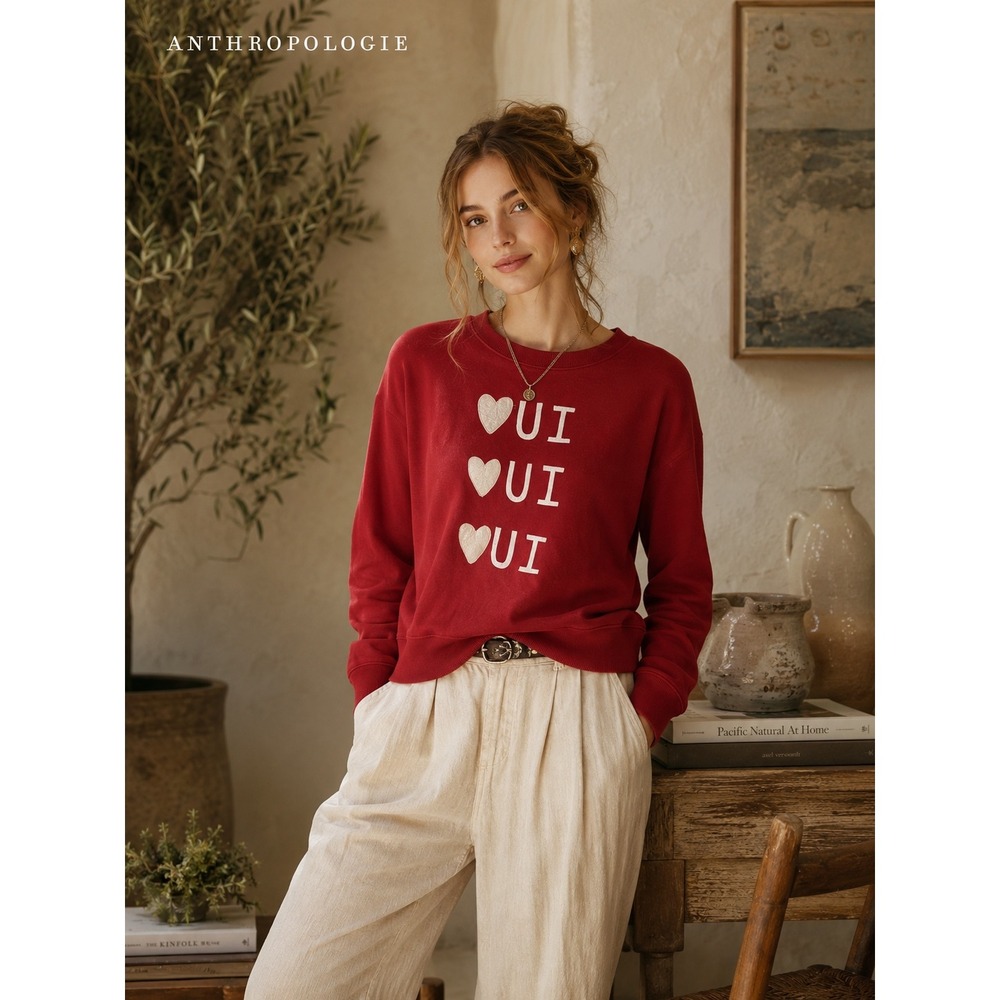 Maeve‎ Anthropologie Oui Oui Oui Heart Red Sweatshirt Rebecca Mayfield Medium